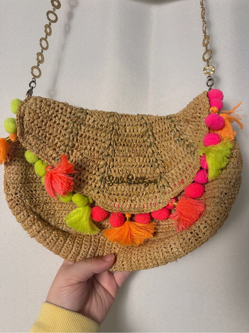 Lilly Pulitzer Straw Raffia Pom Pom Tassel Crossbody Bag Boho Women’s